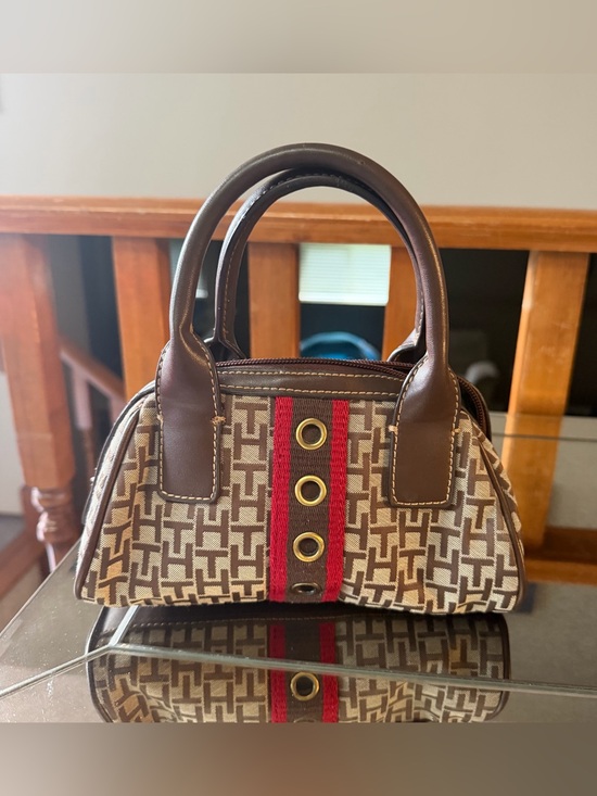 Tommy Hilfiger Handbags - Vintage Tommy Hilfiger Brown Patterned Canvas Satchel with Red Stripe